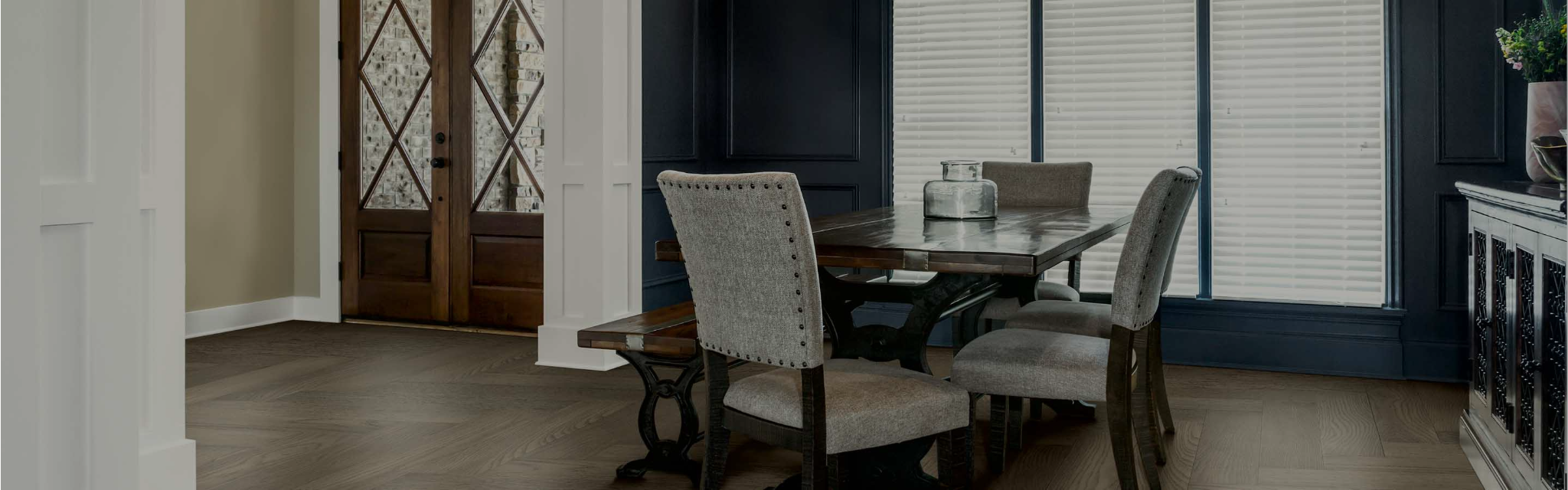 blinds on 3 large windows in a dining room