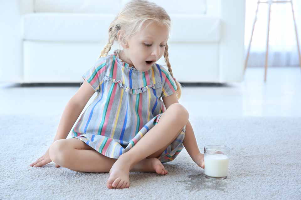 child spilling milk on carpet